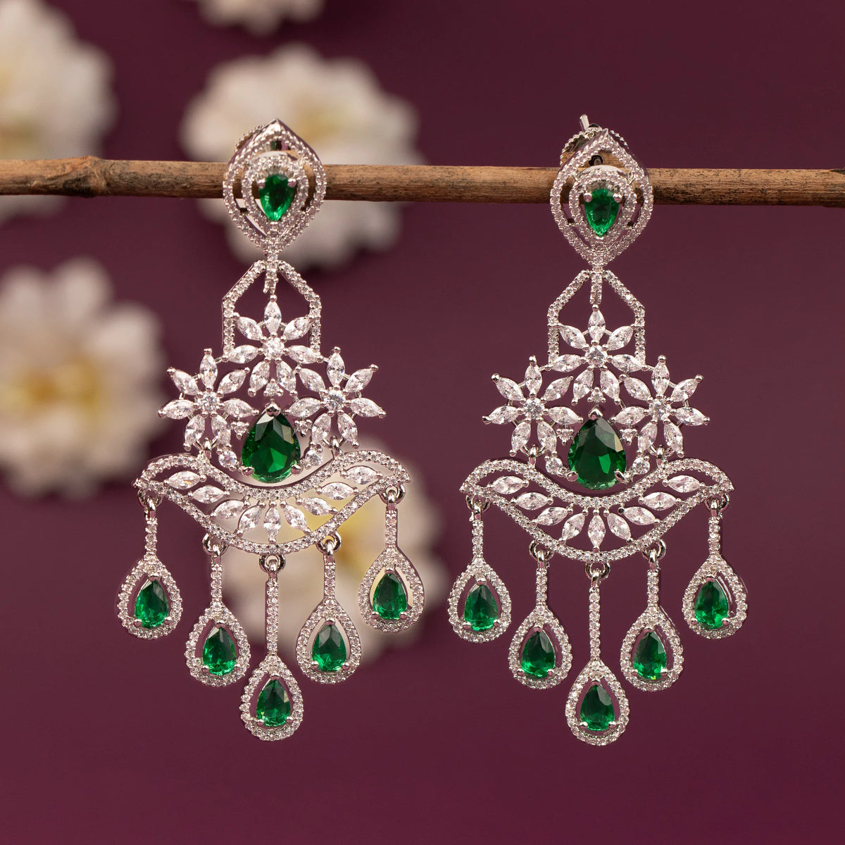 Sliver-Toned  Floral  Chandelier Drop  AD Earring ER 1254