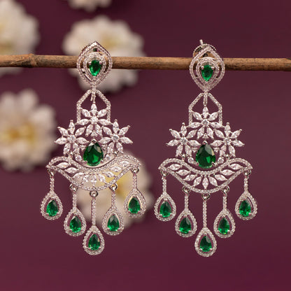 Sliver-Toned  Floral  Chandelier Drop  AD Earring ER 1254