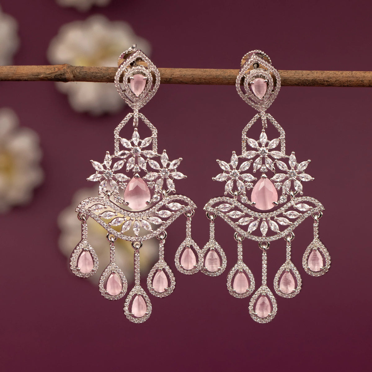Sliver-Toned  Floral  Chandelier Drop  AD Earring ER 1254