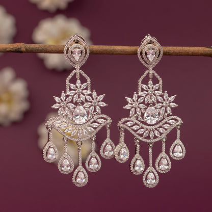 Sliver-Toned  Floral  Chandelier Drop  AD Earring ER 1254