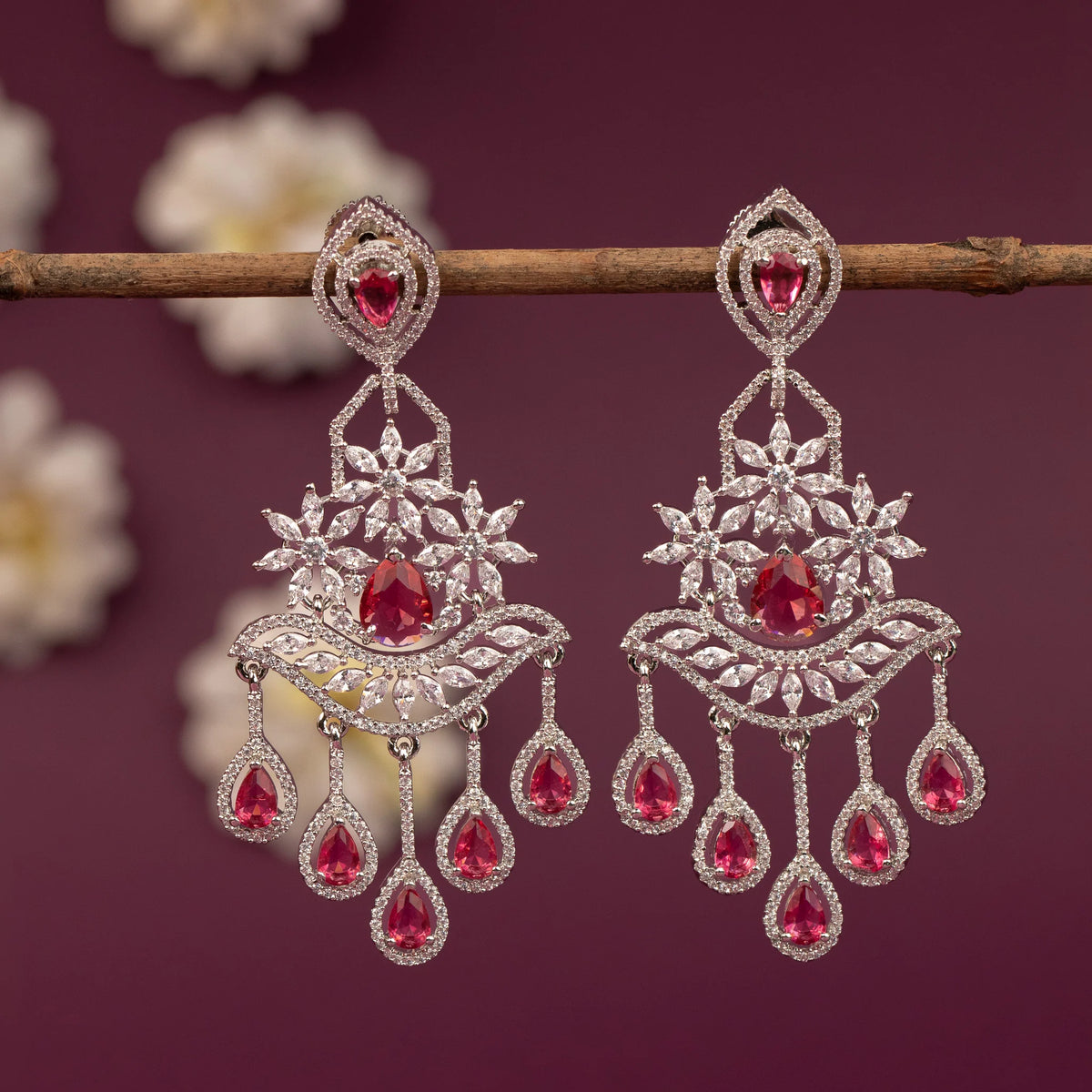 Sliver-Toned  Floral  Chandelier Drop  AD Earring ER 1254
