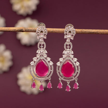 Silver-Toned Teardrop Halo Chandelier AD  Earring  ER 1250