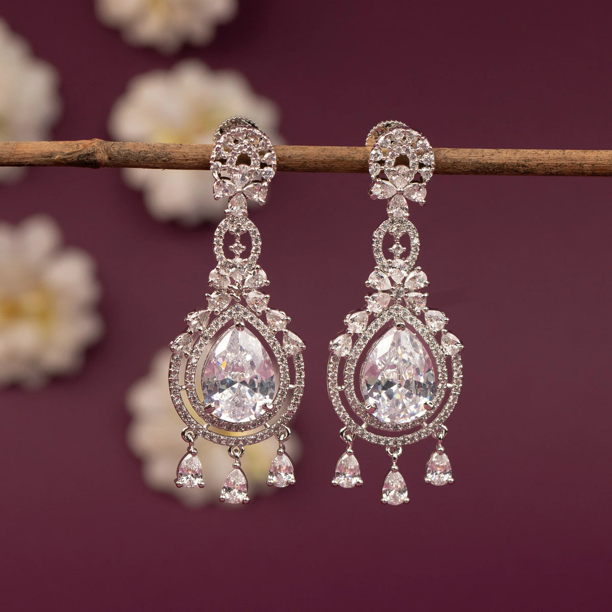 Silver-Toned Teardrop Halo Chandelier AD  Earring  ER 1250