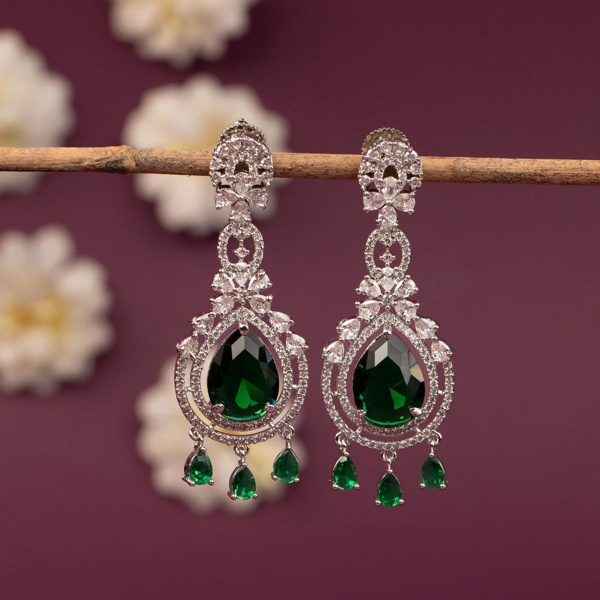 Silver-Toned Teardrop Halo Chandelier AD  Earring  ER 1250