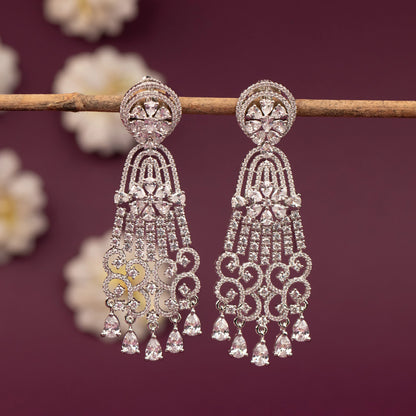 Silver-Toned Floral Crystal Long Drop AD   Earring  ER 1253