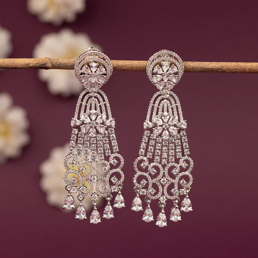 Silver-Toned Floral Crystal Long Drop AD   Earring  ER 1253