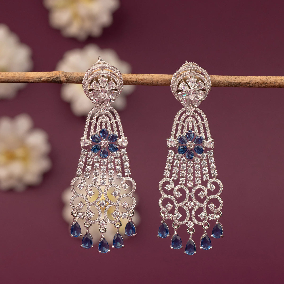 Silver-Toned Floral Crystal Long Drop AD   Earring  ER 1253
