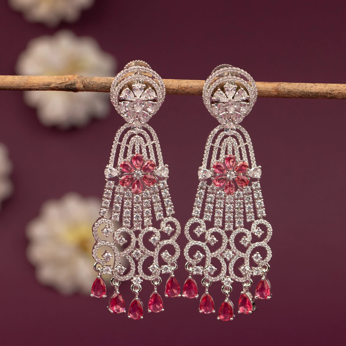 Silver-Toned Floral Crystal Long Drop AD   Earring  ER 1253