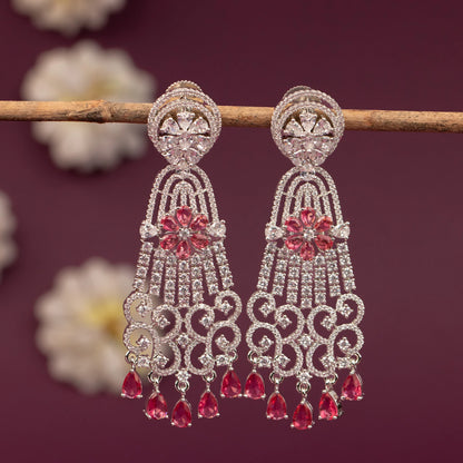 Silver-Toned Floral Crystal Long Drop AD   Earring  ER 1253