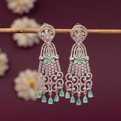 Silver-Toned Floral Crystal Long Drop AD   Earring  ER 1253