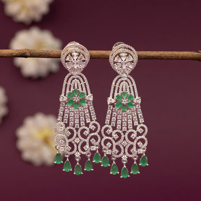Silver-Toned Floral Crystal Long Drop AD   Earring  ER 1253