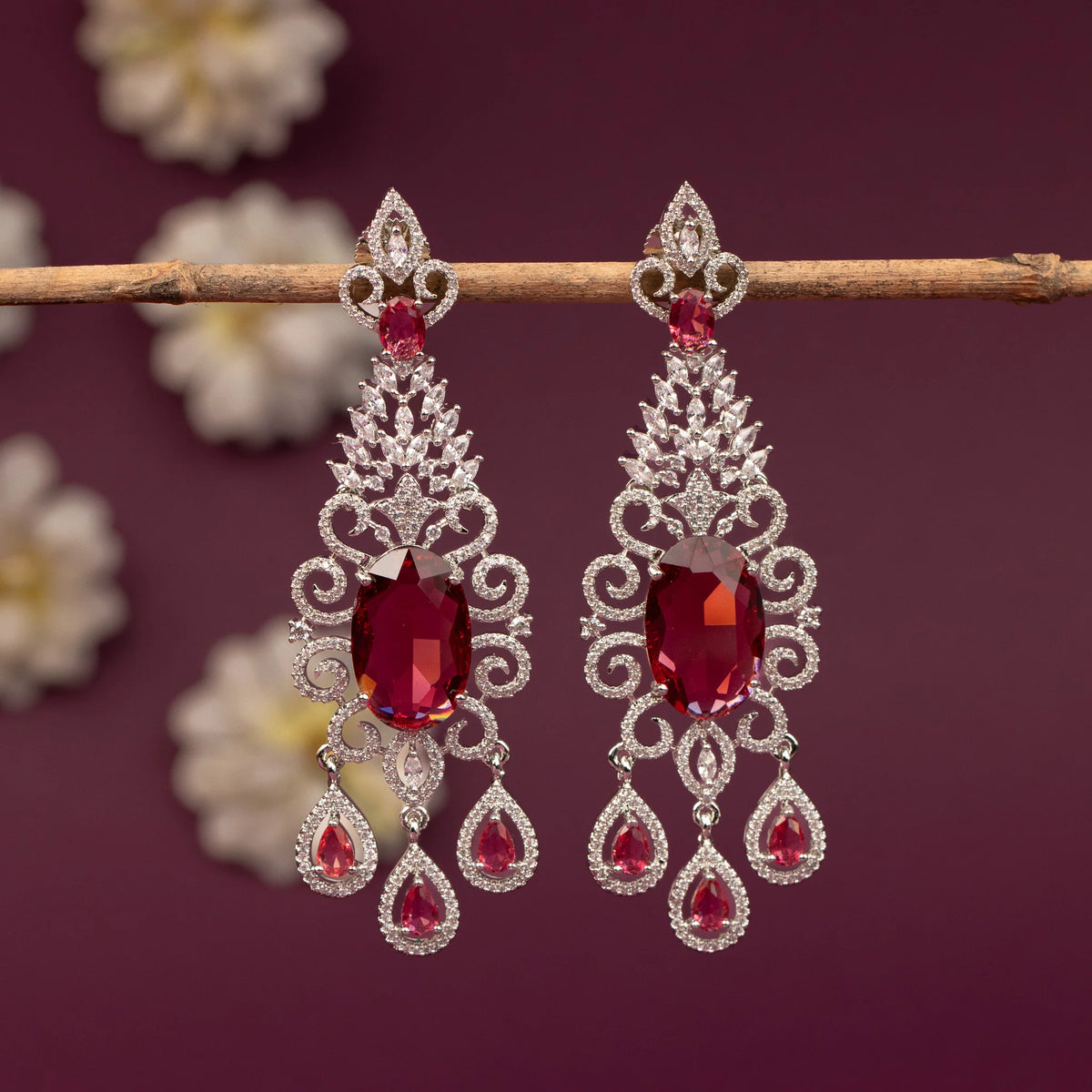 Silver-Toned Floral Chandelier Drop  AD Earring ER 1251