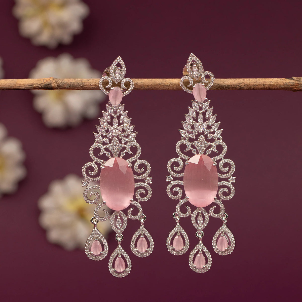 Silver-Toned Floral Chandelier Drop  AD Earring ER 1251