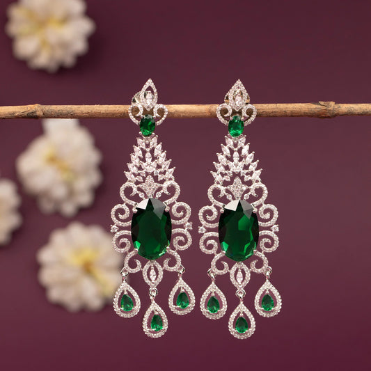 Silver-Toned Floral Chandelier Drop  AD Earring ER 1251