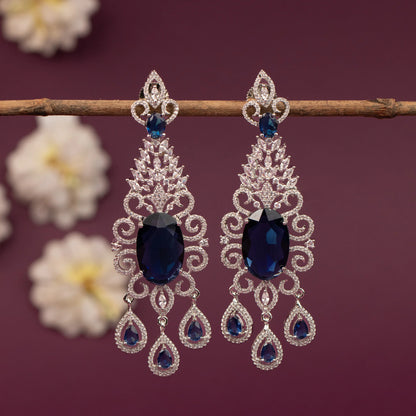 Silver-Toned Floral Chandelier Drop  AD Earring ER 1251