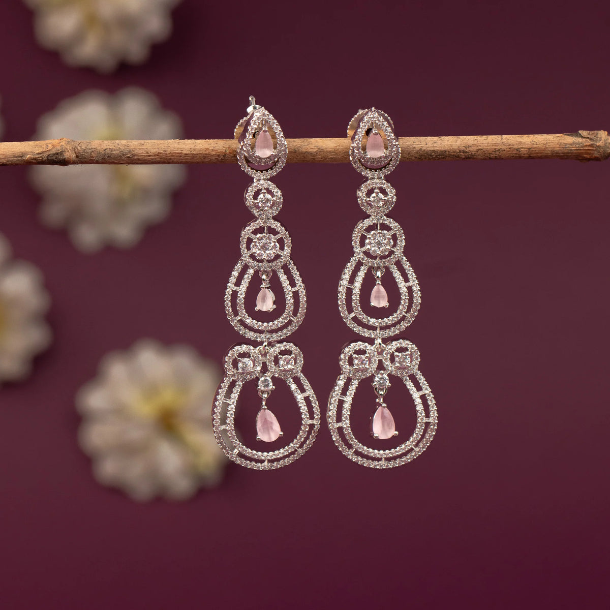 Sliver-Toned  Long Tiered Chandelier AD Earring ER 1252
