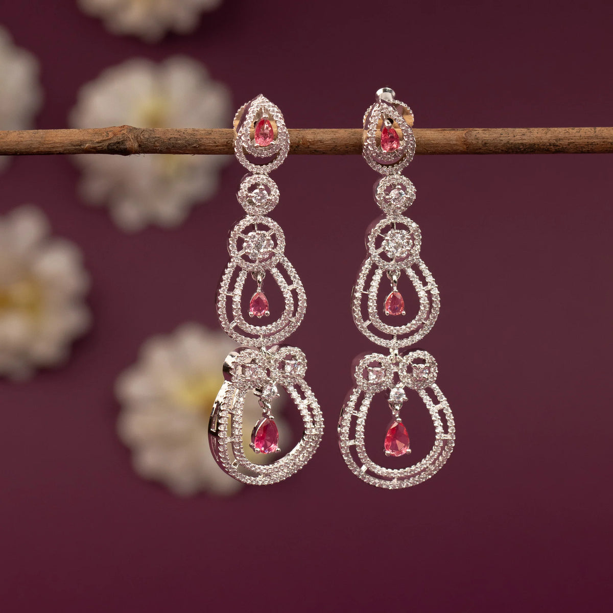 Sliver-Toned  Long Tiered Chandelier AD Earring ER 1252