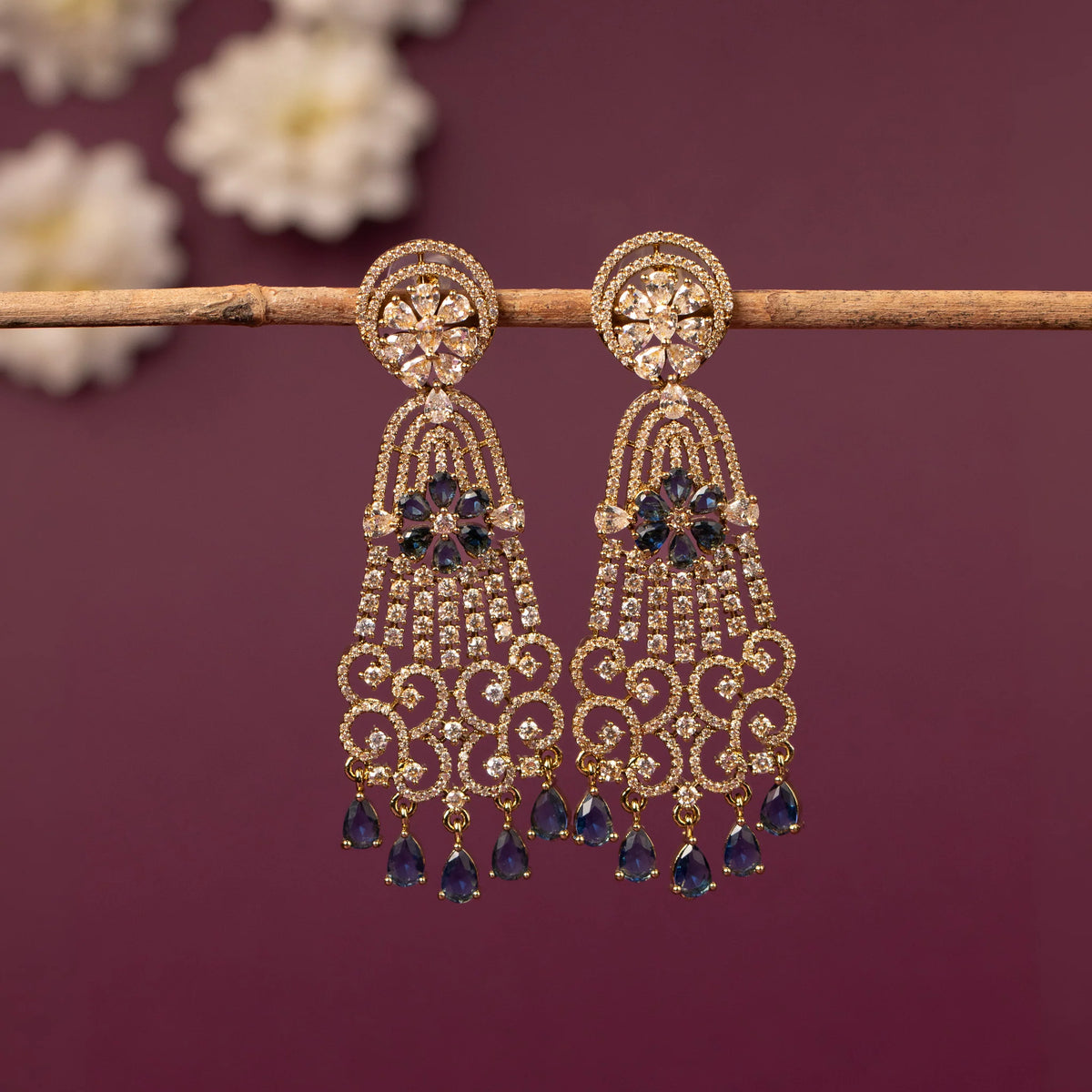 Mehendi Polish  Floral Crystal Long Drop AD   Earring  ER 1245