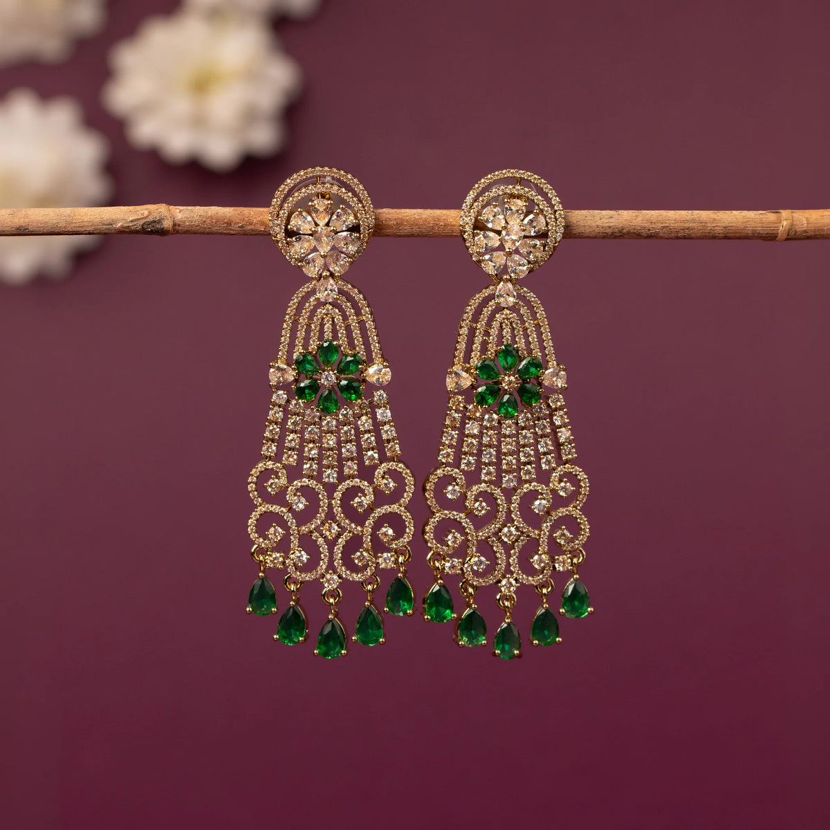 Mehendi Polish  Floral Crystal Long Drop AD   Earring  ER 1245