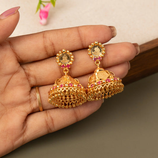 Kerala Traditional Style Micro Gold Plated Lakshmi Coin (Kaasu) Jhumka Earrings ER 1422