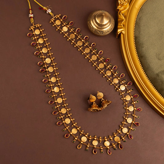 Gold-Toned Lakshmi Kaasu Choker Long Necklace 1604