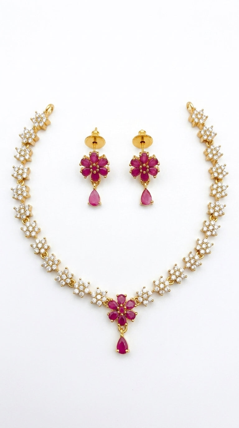 Gold-Toned Floral Stone-Studded AD Necklace 1602