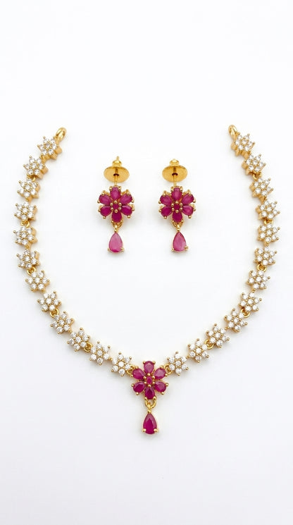 Gold-Toned Floral Stone-Studded AD Necklace 1602