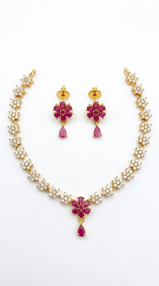 Gold-Toned Floral Stone-Studded AD Necklace 1602