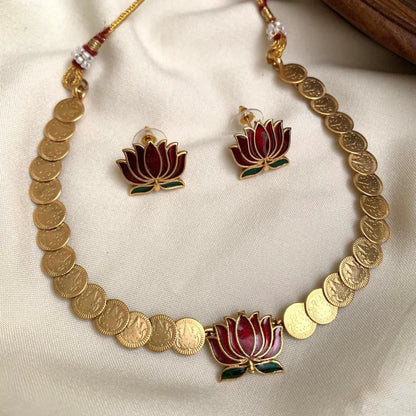 Gold-Toned Lotus Motif Coin Designed Choker Necklace 1145