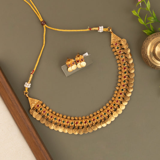 Gold-Toned Kaasu Lakshmi Designed Necklace 1435
