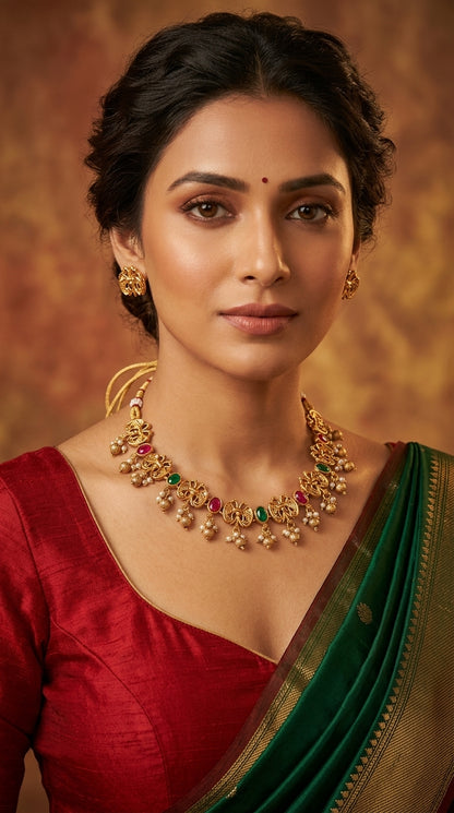 Gold-Toned Peacock Motif Bead Hanging  Necklace 168