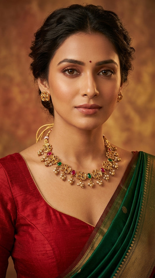 Gold-Toned Peacock Motif Bead Hanging  Necklace 168