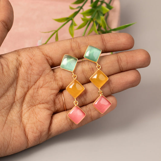 Gold-Toned Diamond Glossy Stone Drop Earrings ER 1355