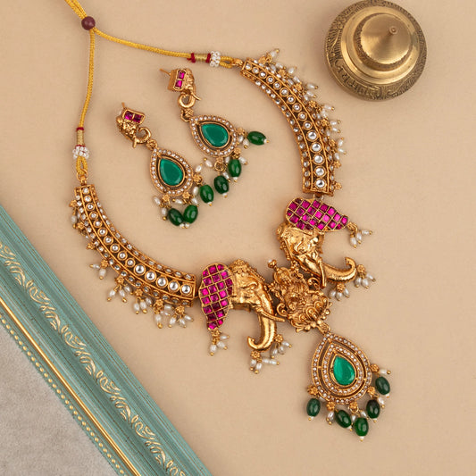 Gold-Toned Lakshmi X Elephant Motif Pearl Hanging Necklace 1593