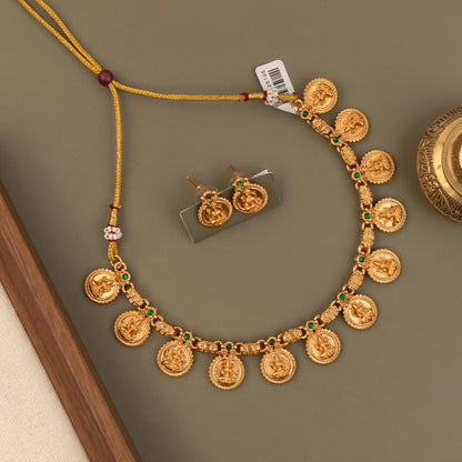 Gold-Polish Traditional  Kaasu  Lakshmi Choker Necklace 1727