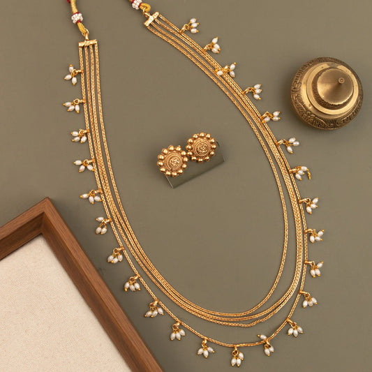 Gold-Toned  Traditional  Four-Layer  Pearl Drop Long Necklace 1797
