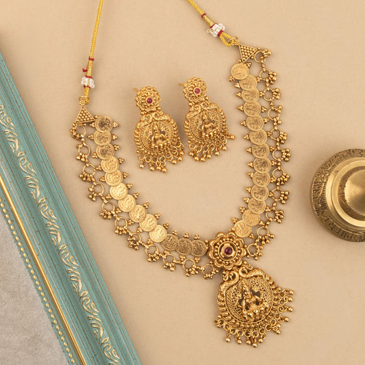Gold-Polish Traditional Lakshmi Kaasu Necklace 1796