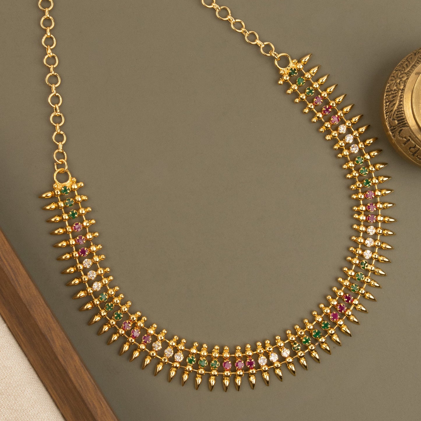 Gold-Toned Multi  Color Leaf-Edge Necklace  1833