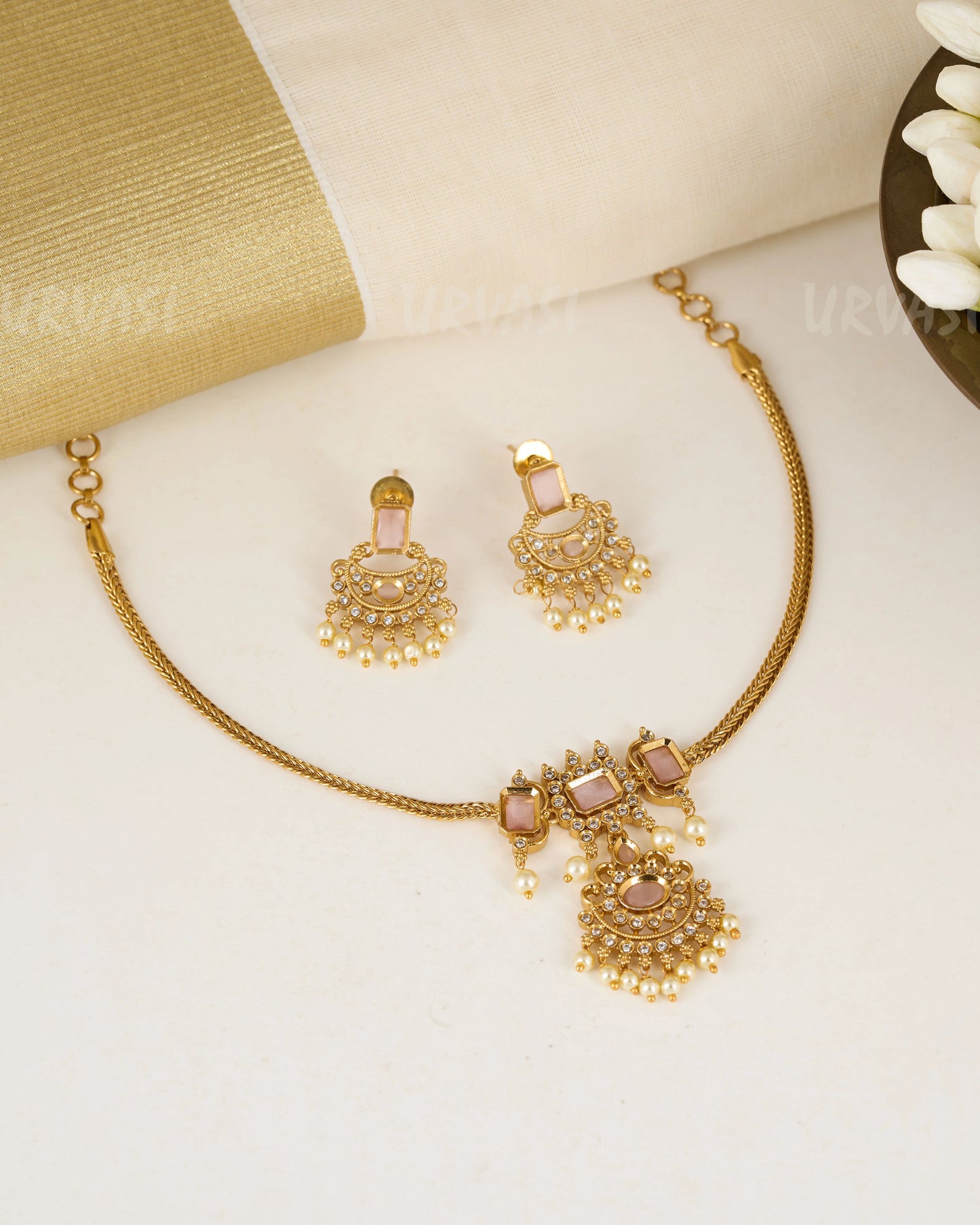 Aalma Gold-Polish Stone Pearl Necklace 1017