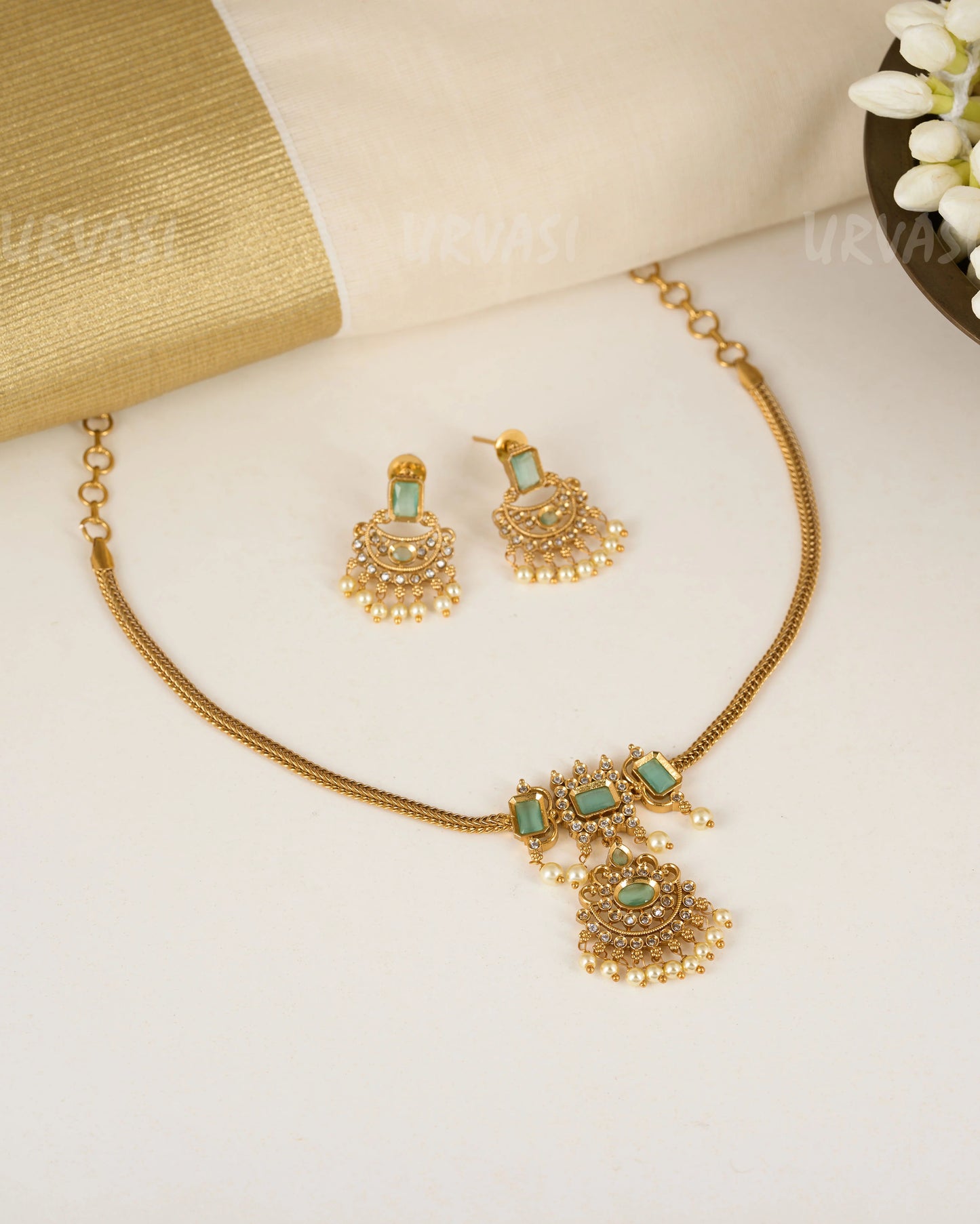 Aalma Gold-Polish Stone Pearl Necklace 1017