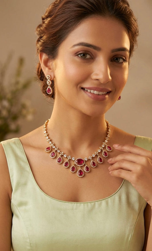 Mehendi Polish Stone-Studded Dew-Drop AD Necklace 144