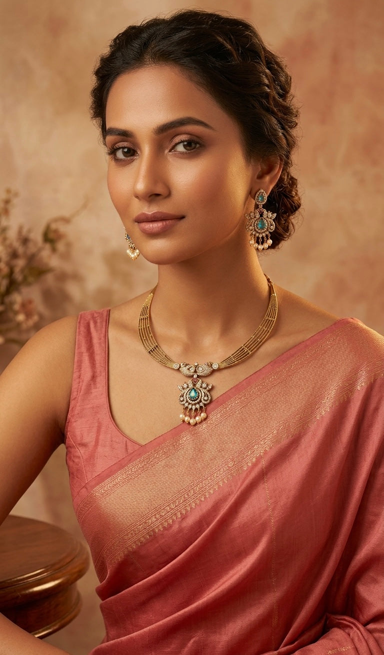 Gold-Toned Peacock  Motif AD Necklace 1386