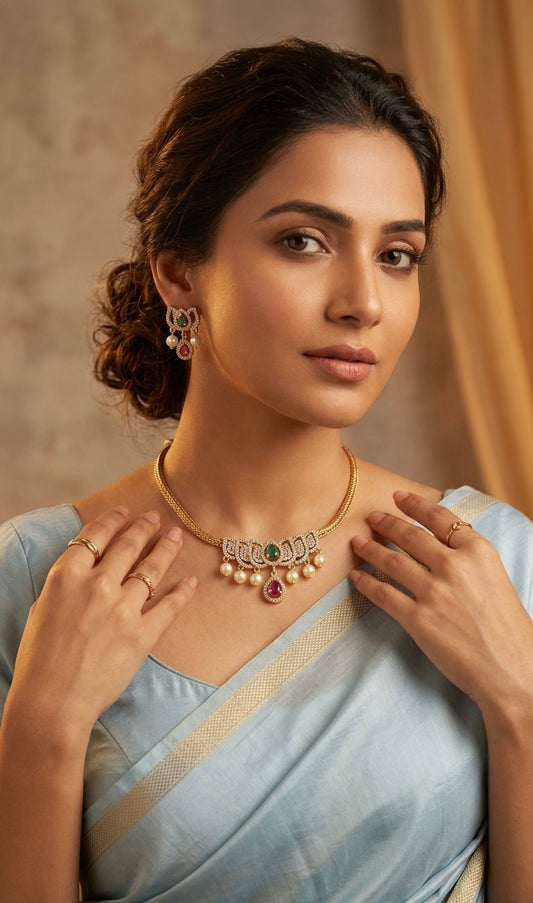 Gold-Toned Lotus-Designed AD Pearl Necklace 1384