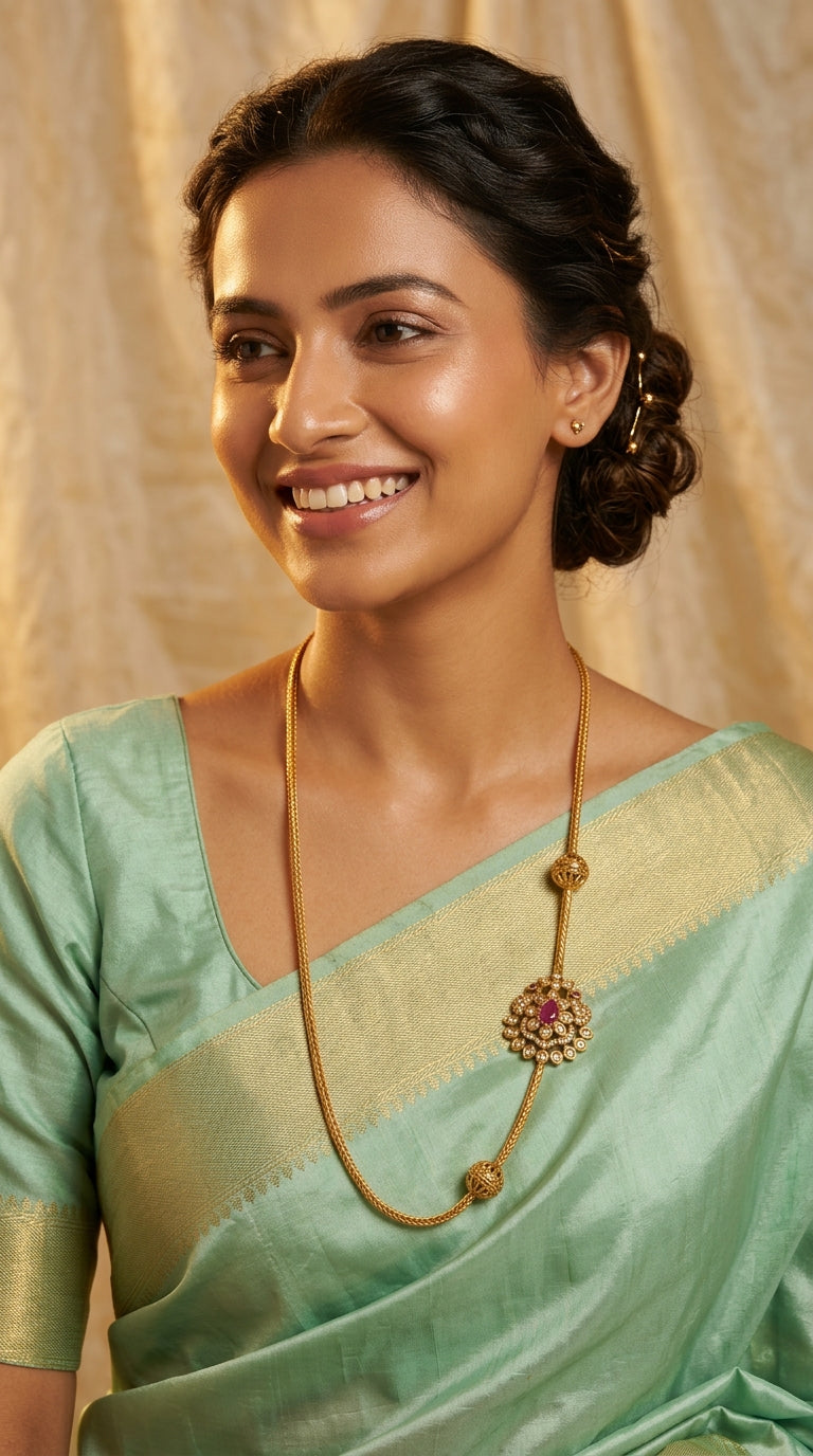 Gold-Toned Mugappu Chain Long Necklace 033