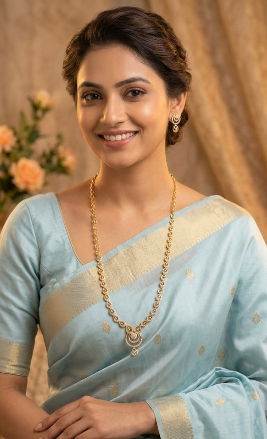 Gold-Toned Leaf-Designed AD Long  Necklace 1188