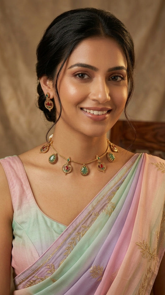 Gold-Toned Lotus Stone  Choker Necklace 1204