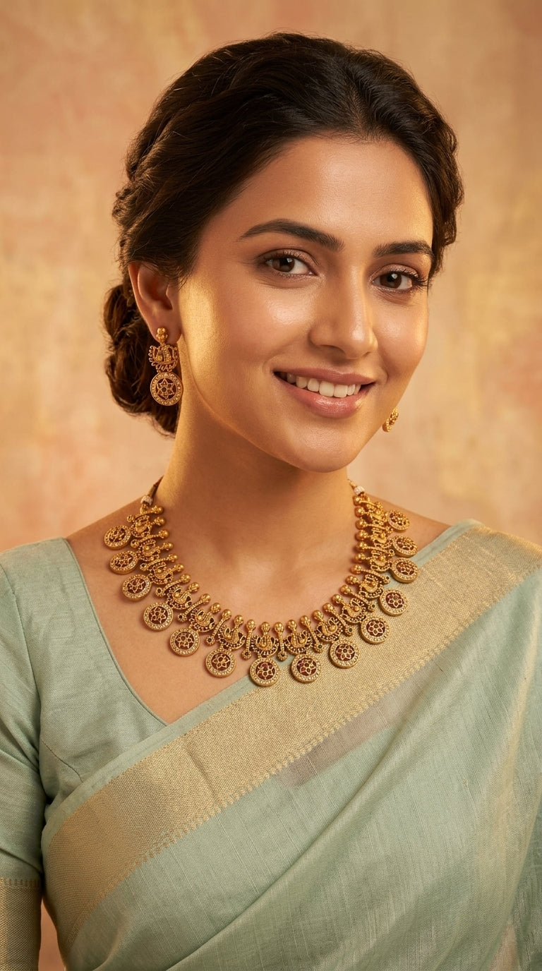 Gold-Toned Floral Stone Necklace 1205