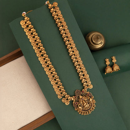 Gold-Toned Traditional Lakshmi Kaasu Long Necklace 1873