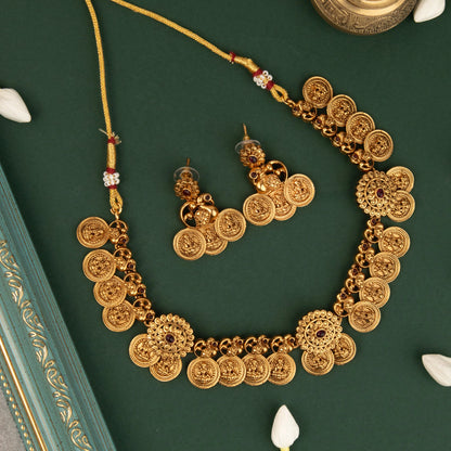 Gold-Toned Lakshmi Peacock motif Kaasu Necklace 589