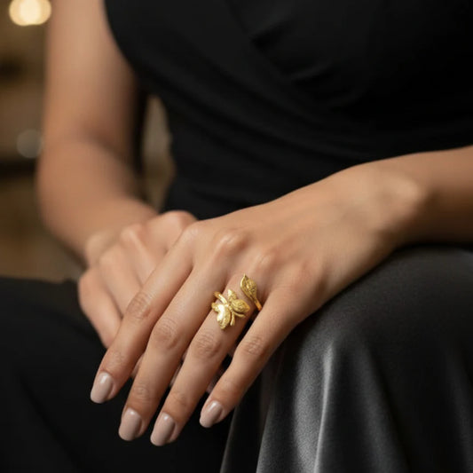 Gold-toned Leaf and Butterfly Finger Ring FR 34
